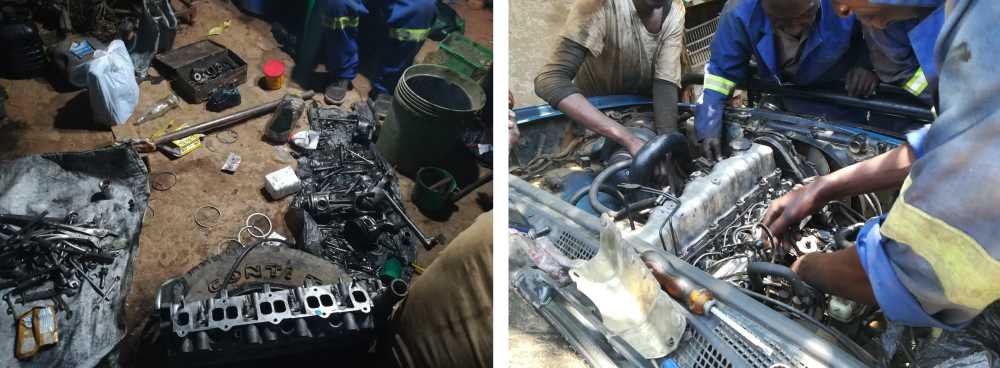 Nicht enden wollende Reparatur am Motor des überalterten Pickups von AAA Malawi